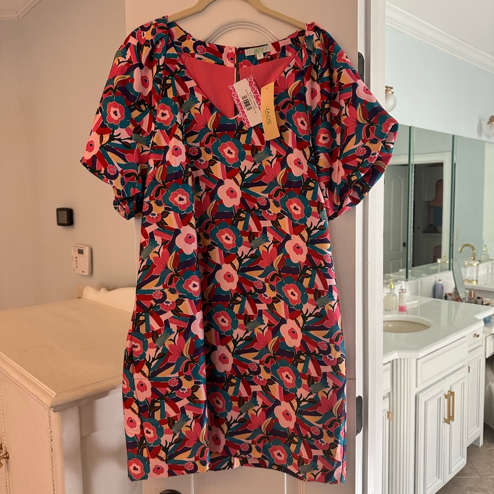 NWT Pink Valaise Boutique Vibrant Floral Dress with Pink and Blue Accents